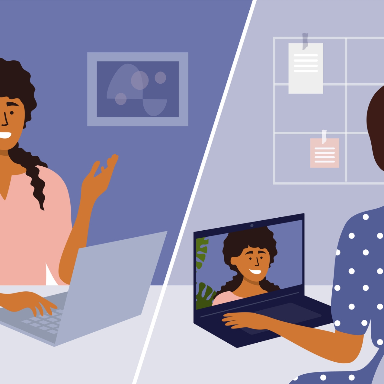 Illustration of two women having a video call. The image is divided by a diagonal line. On the left is a woman smiling sat at her desk smiling at her laptop. On the right, the same woman can be seen on the screen of another woman. She is only visible