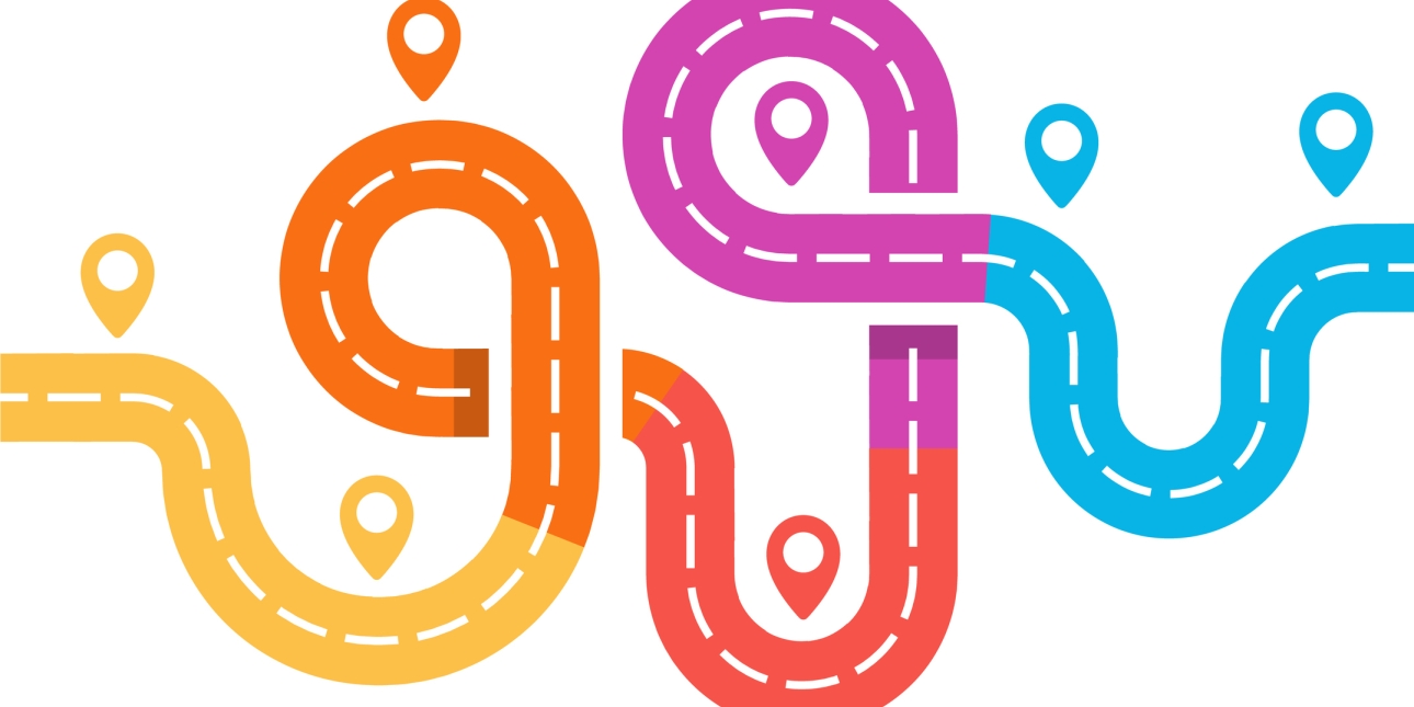 A multicoloured illustrative plan of a road which loops around itself twice. There are map markers at regular intervals.