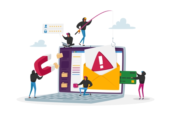 Illustration showing five masked robbers stealing information from a life-sized laptop through various means: using a magnetic to pill out files; unlocking user names and passwords; using a fishing rod to hook paper from an envelope, planting a bug a