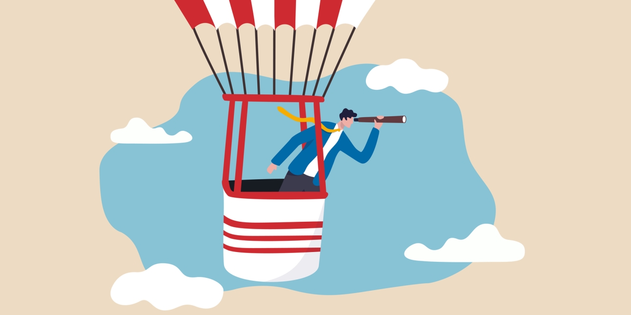 Illustration of a person in the basket of a hot air balloon looking through a telescope