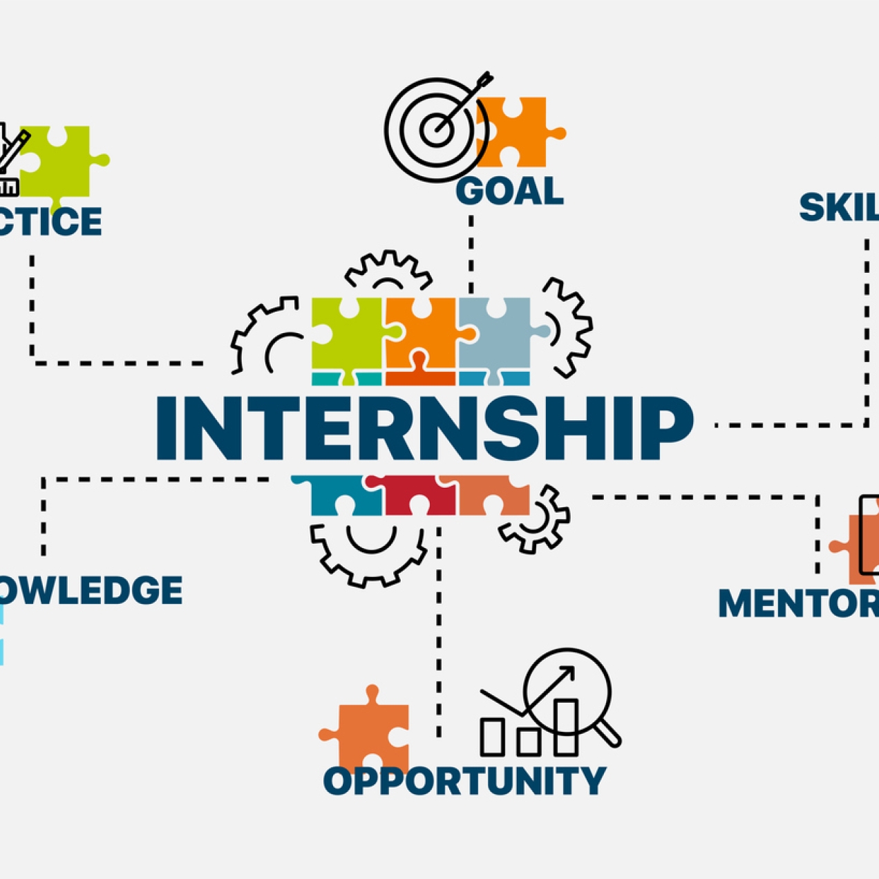 Illustration featuring the word internship over some jigsaw pieces. Surrounding this in smaller type are the words goal, skills, mentoring, opportunity, knowledge, practice. Each of these is accompanied by an icon representing the words.