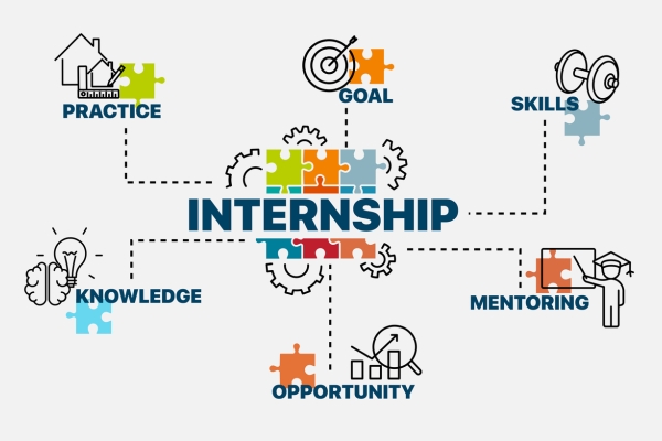 Illustration featuring the word internship over some jigsaw pieces. Surrounding this in smaller type are the words goal, skills, mentoring, opportunity, knowledge, practice. Each of these is accompanied by an icon representing the words.