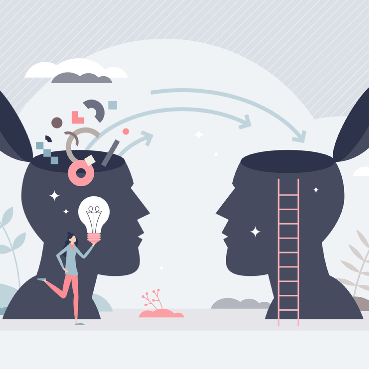 Illustration of two silhouette side profile heads that have been opened at the top. Arrows and shapes are being transferred from the head on the left to the head on the right. A figure holding a lightbulb is stood in front of the head on the left.