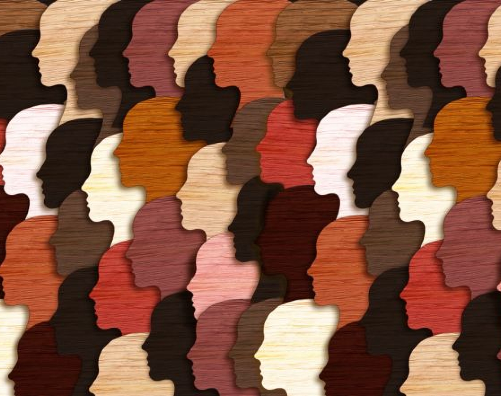 A collage which consists of the side profile of many heads, cut out and facing to the left of the screen. The heads have a wooden texture. The heads are in various shades of wood, from dark to light.