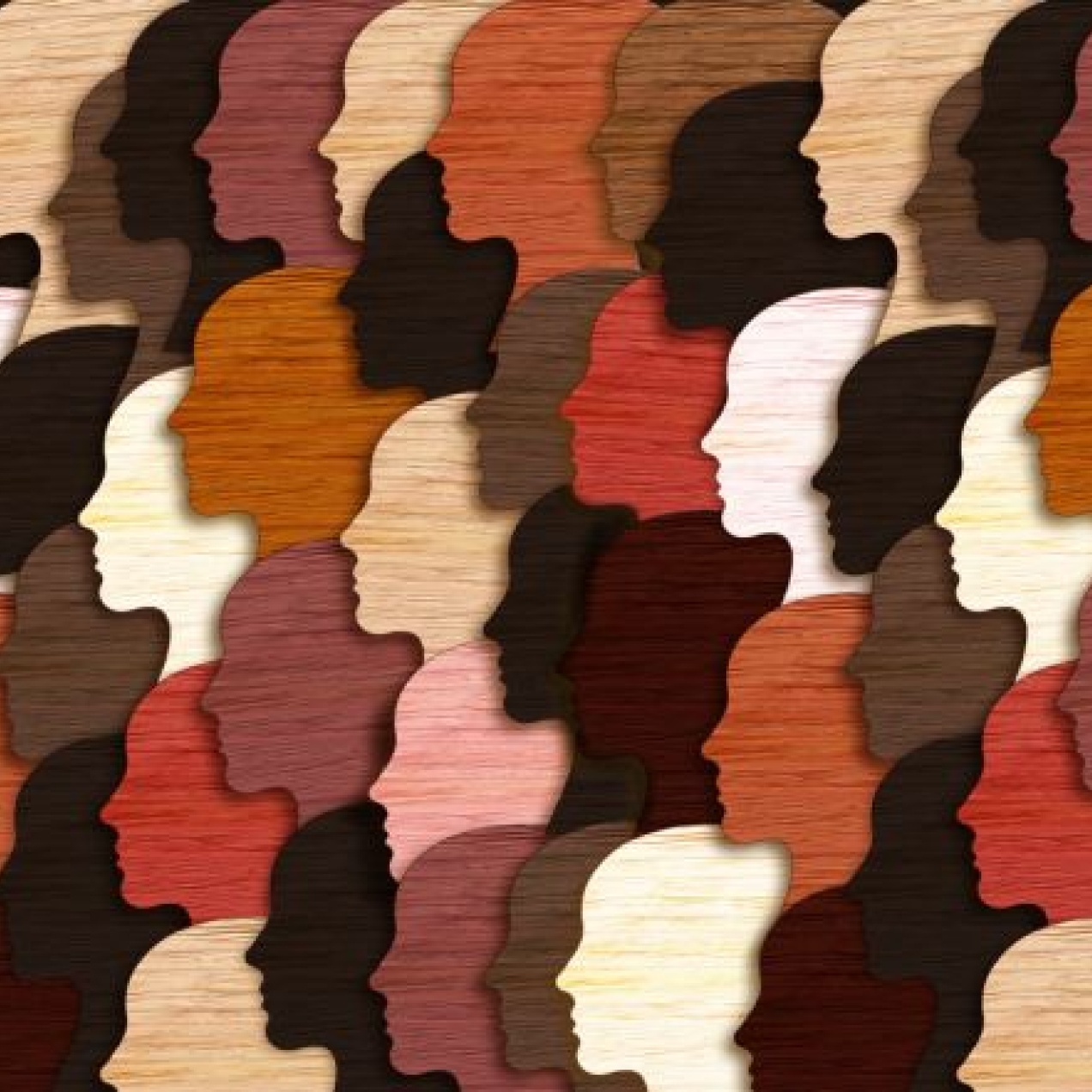 A collage which consists of the side profile of many heads, cut out and facing to the left of the screen. The heads have a wooden texture. The heads are in various shades of wood, from dark to light.