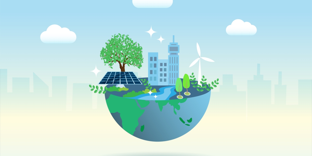 Illustration of trees, solar panels, skyscrapers, river and wind turbine on a southern hemisphere of a three dimensional globe