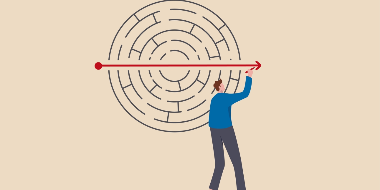 Illustration of a man drawing a long arrow through the middle of a circular maze