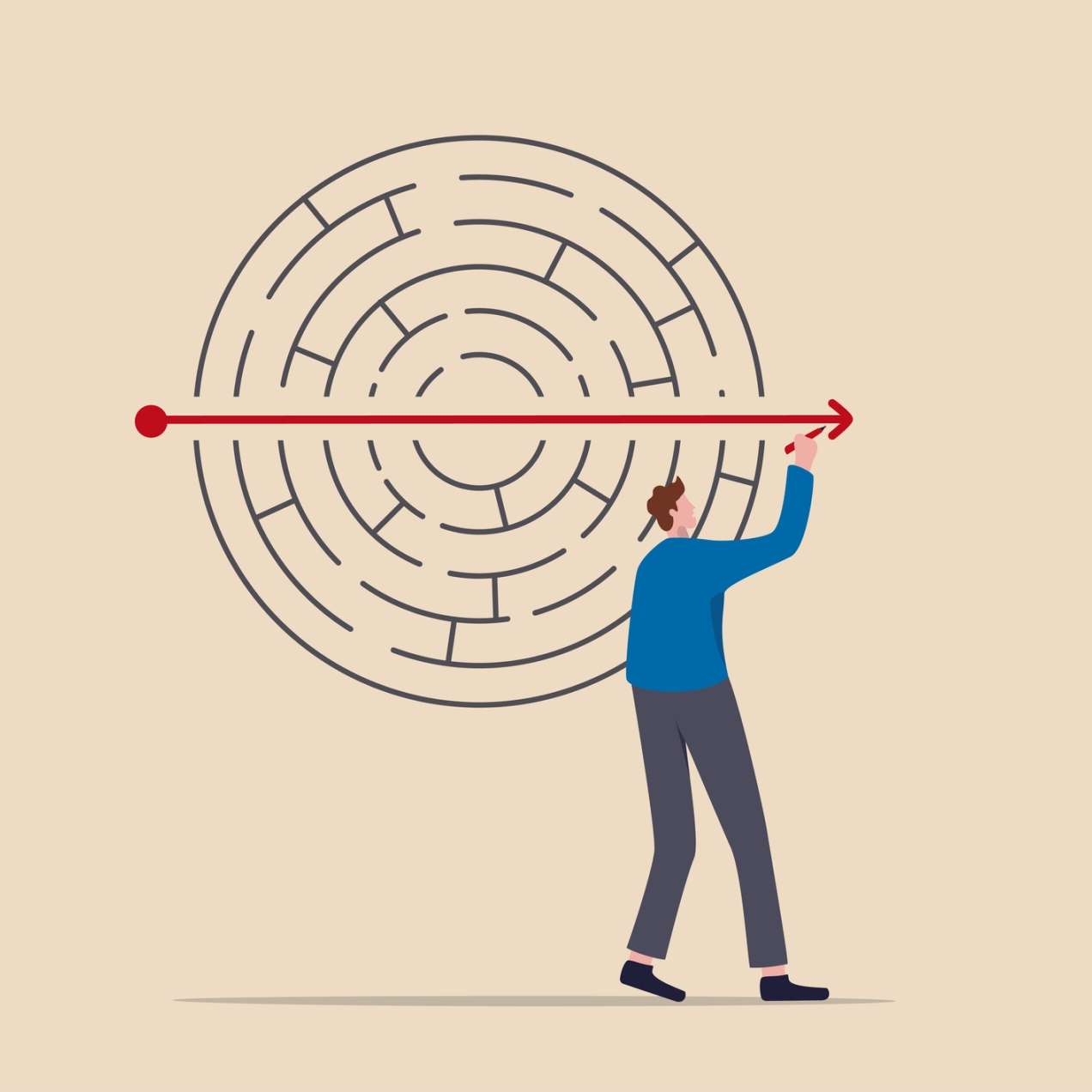 Illustration of a man drawing a long arrow through the middle of a circular maze