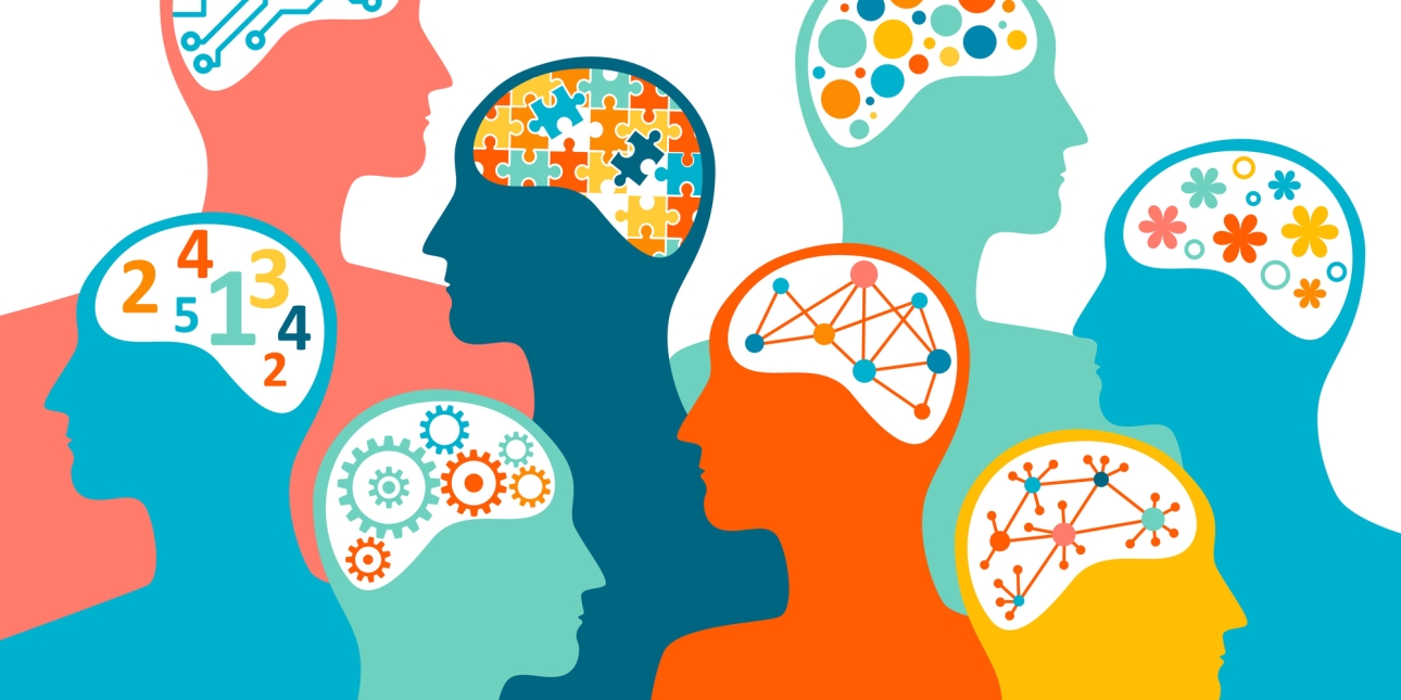Illustration of eight people. Each brain is represented by a different multicoloured design including cogs, numbers, electrical diodes, jigsaw puzzle and circles