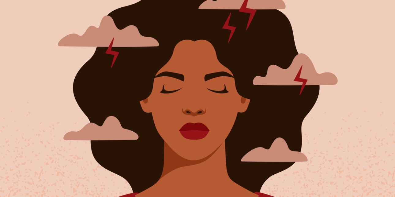 Illustration showing the head of a Black woman. Within her shoulder length hair are clouds and lightning bolts