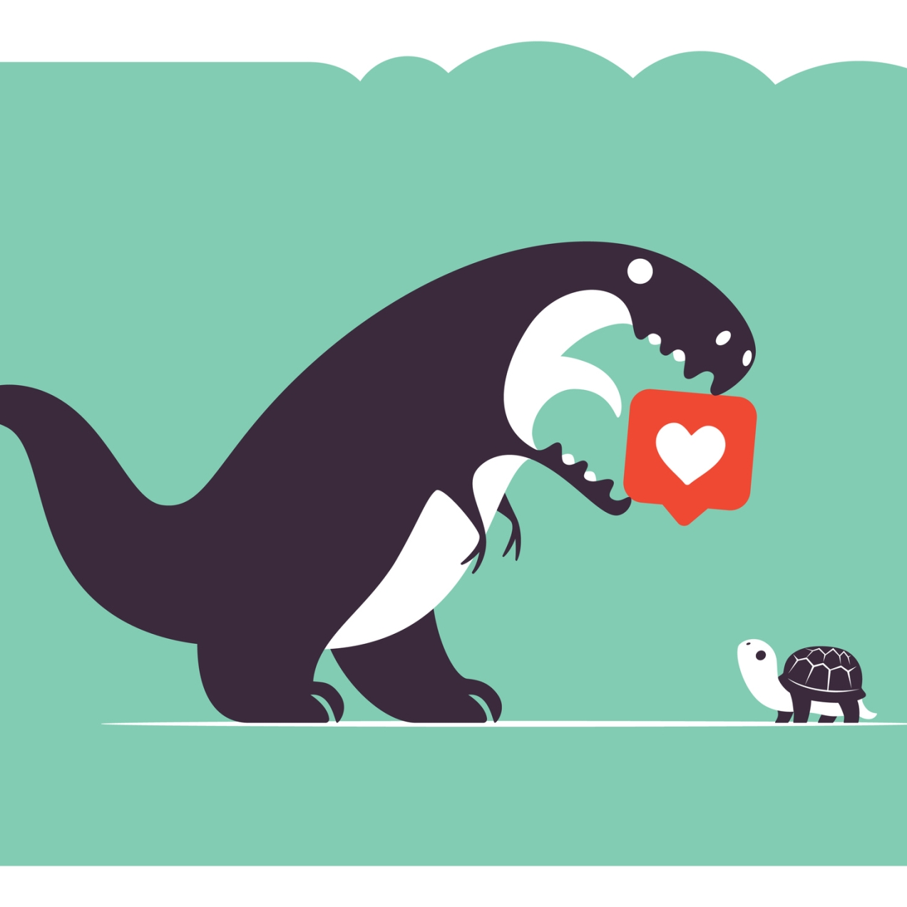 Illustration of a dinosaur with a heart icon its mouth. It is looking down at a tortoise.