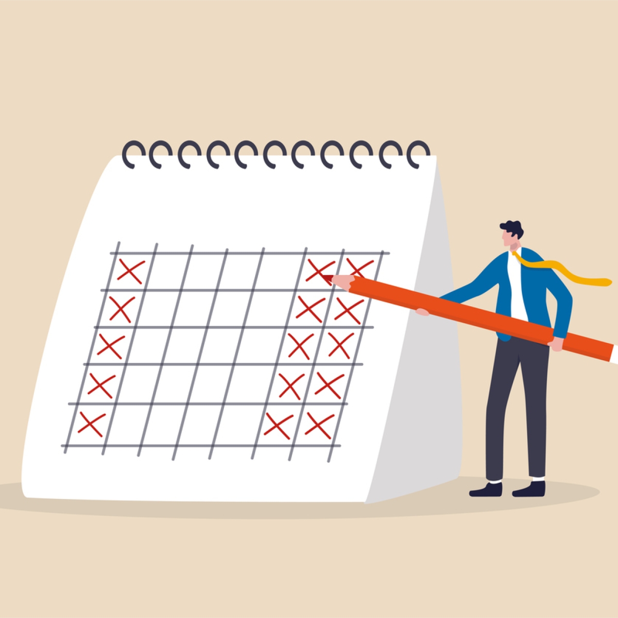 Illustration of a man in a blazer, trousers and tie holding an oversized pencil next to a giant calendar. There are red crosses on Monday and the weekend