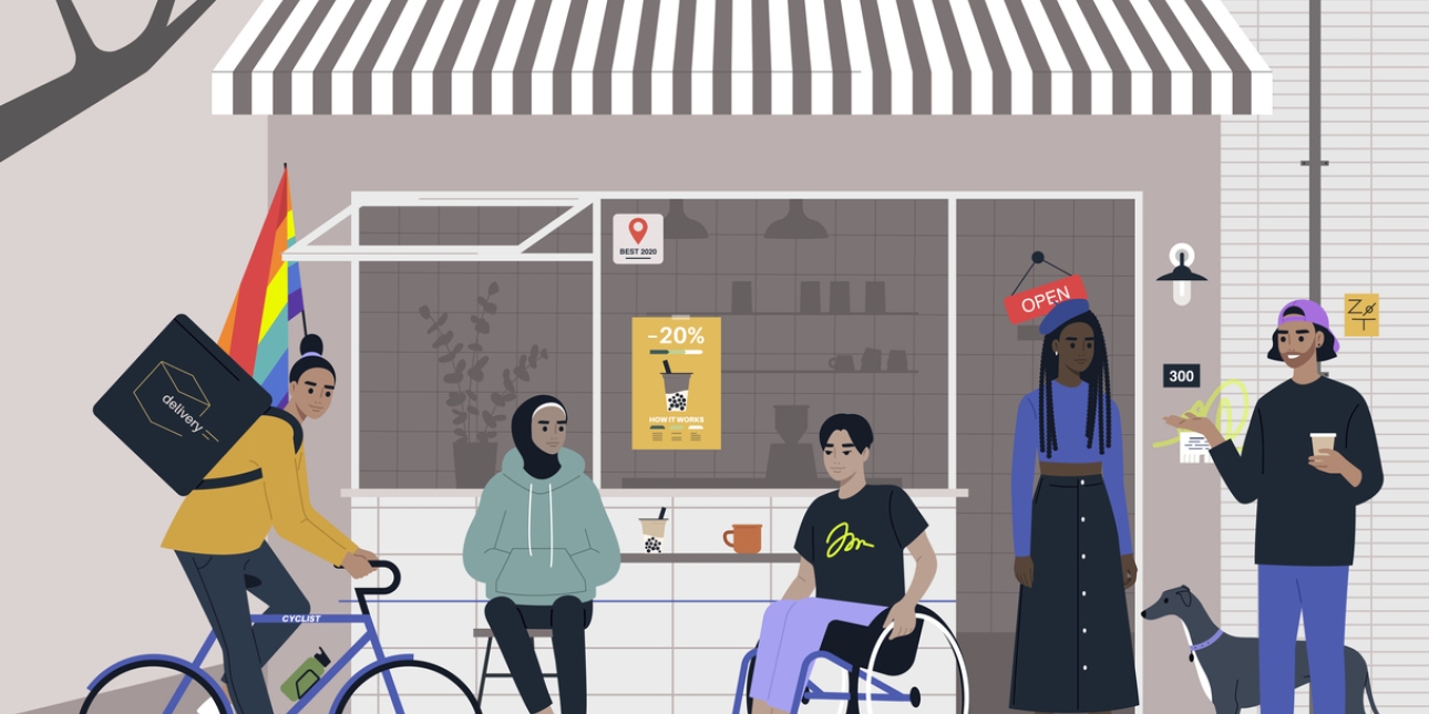 Illustration of a diverse group of young people with different skin tones outside a coffee shop which is flying the pride flag. The people include one on a bike with a food delivery box on their back, a woman in a hijab and hooded top sat next to a m