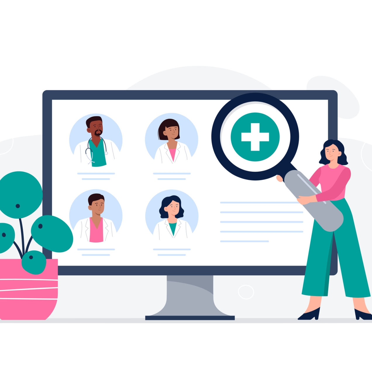 Illustration of a woman holding a life-size magnifying glass against a life-size computer screen. Inside the glass of the magnifier is a white cross inside a green circle. There are four medical professionals on the computer screen.