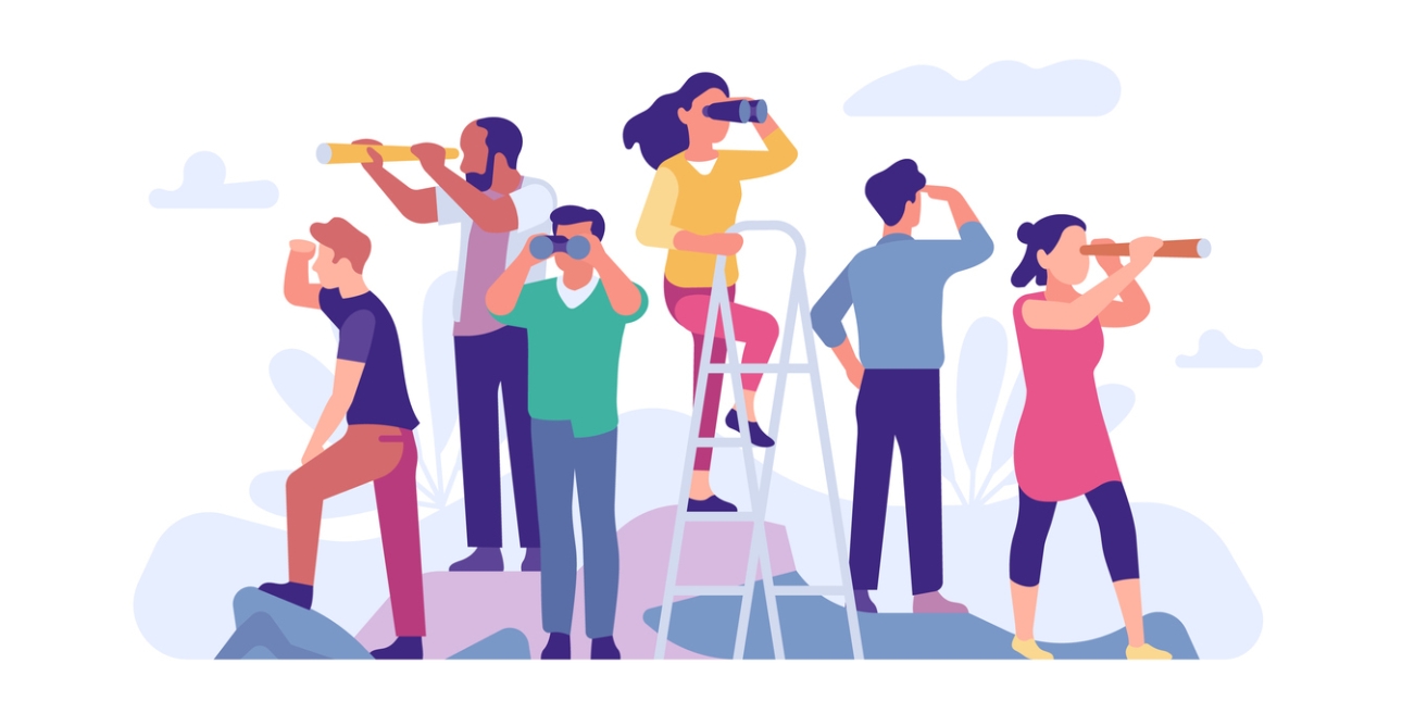 Illustration of six people stood facing different directions and looking through telescopes and binoculars