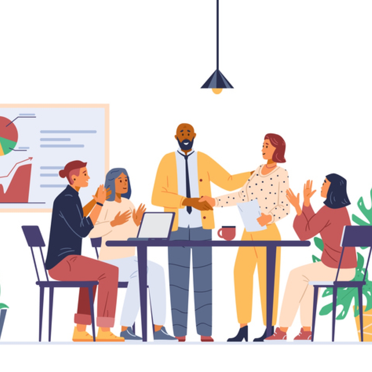 An illustration of four people in a team at a desk and welcoming a new colleague.
