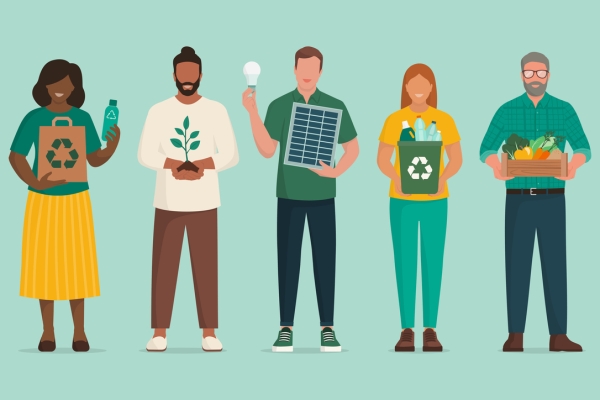 Illustration of three men and two women, with different skin tones, holding a variety of objects: a paper bag with recycling logo; a potted plant, lightbulb and solar panel; recycling bin; box of fruit