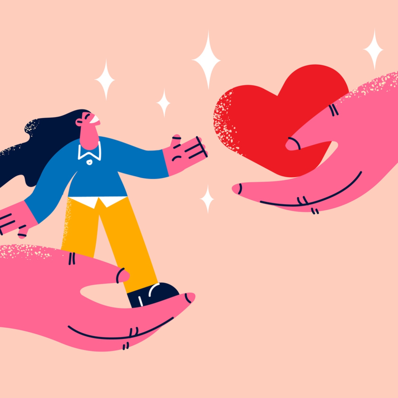 Illustration of a smiling woman with long hair and stood on a hand. Opposite her is another hand offering a large heart symbol
