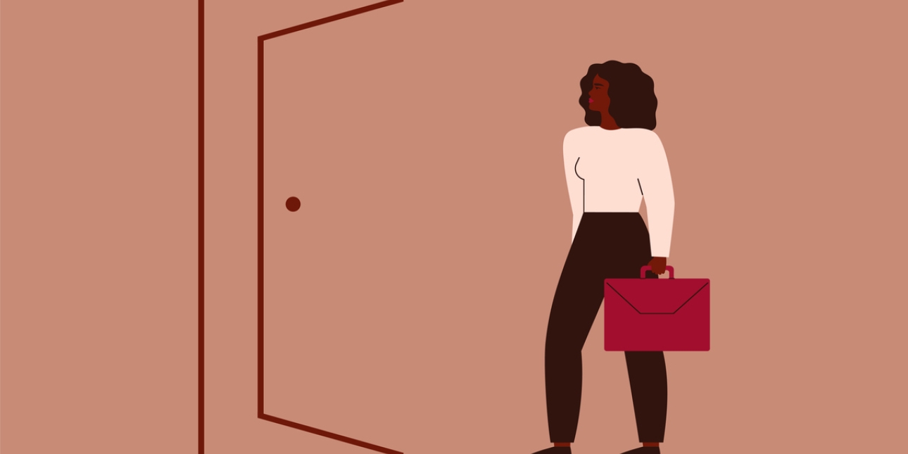 Illustration of a black woman with dark shoulder length hair and wearing a white jumper and holding a red briefcase walking towards a door frame
