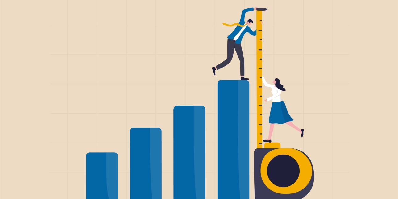 Illustration showing four blue blocks in increasing sizes. A man stands on top of the highest block. He is holding a tape measure. A woman is stood on the handle of the tape measure helping to hold it.