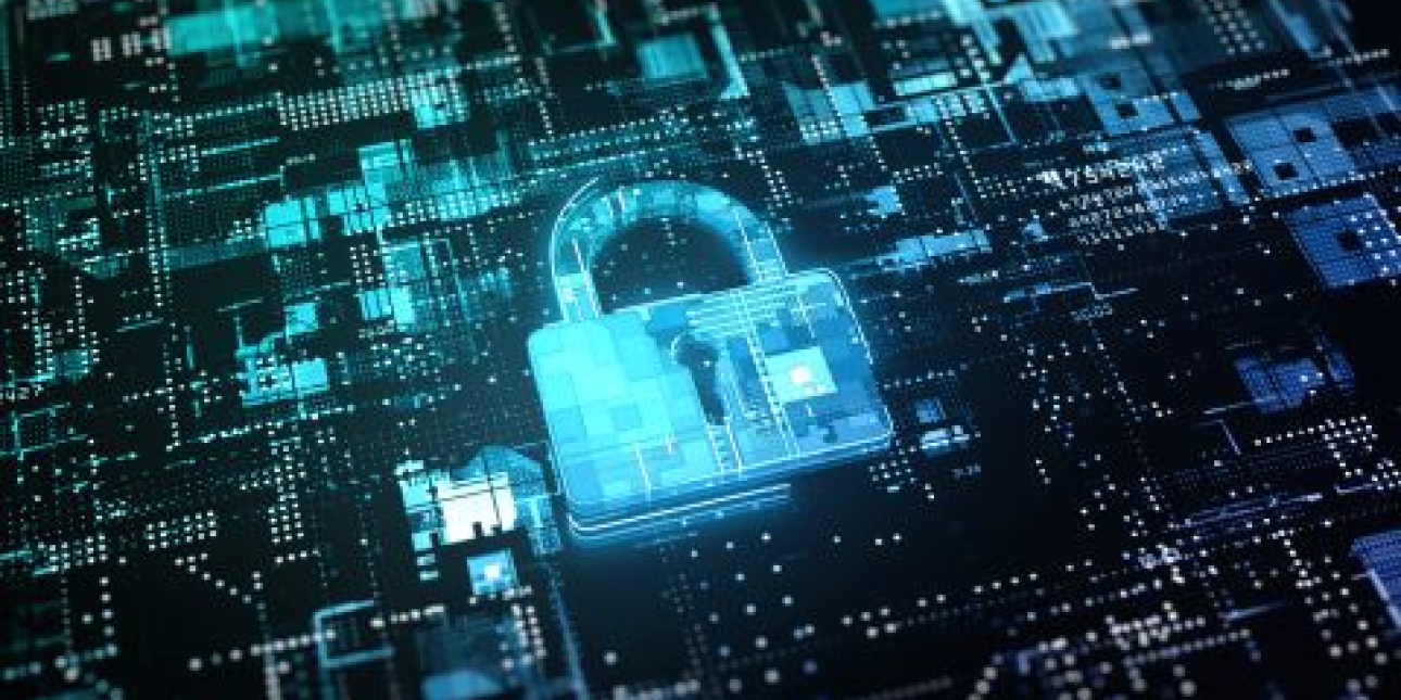 An illuminated padlock on top of a computer motherboard