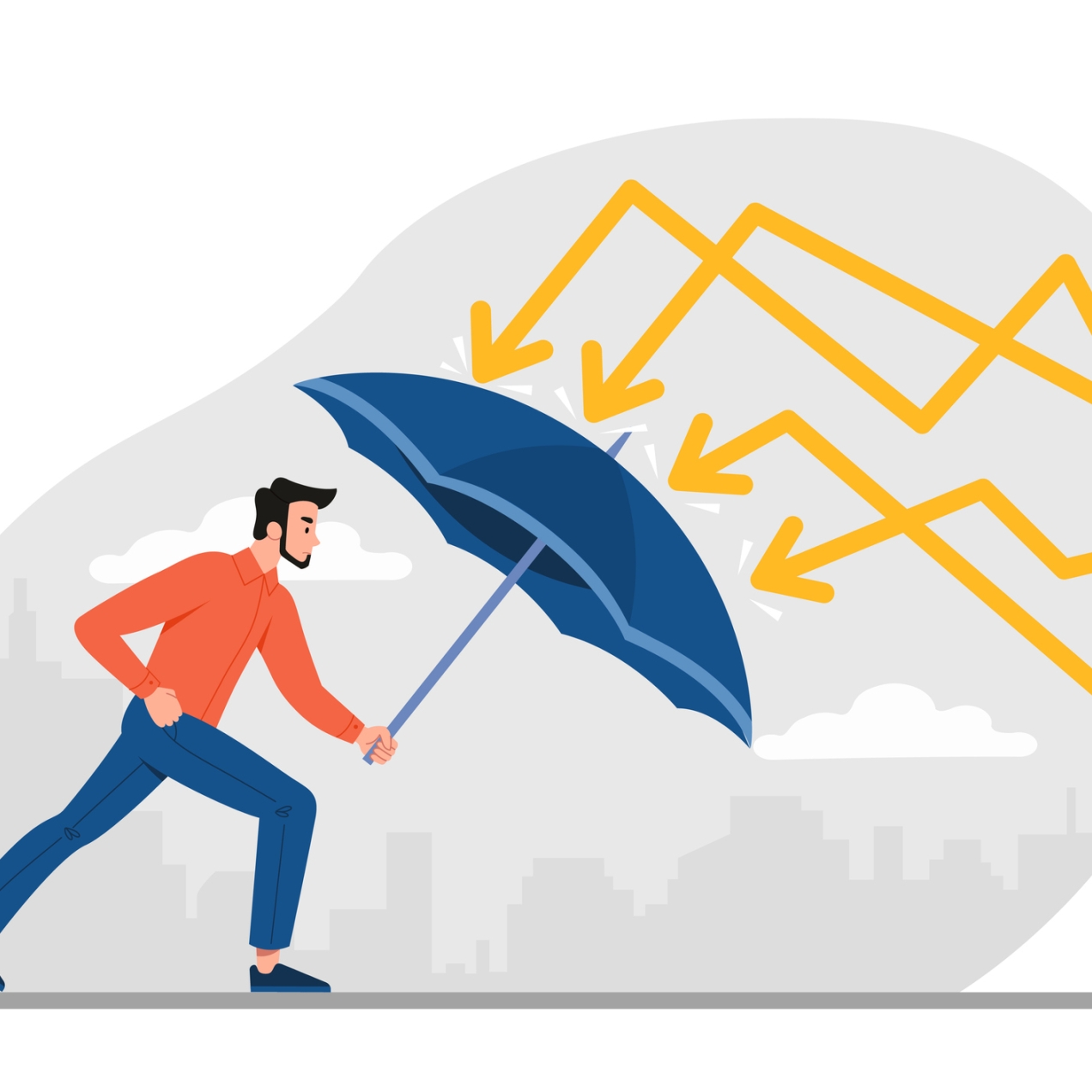 Illustration of a white man with dark hair and beard, wearing a red shirt and blue trousers, holding an umbrella in front of him to protect himself from four striking yellow arrows