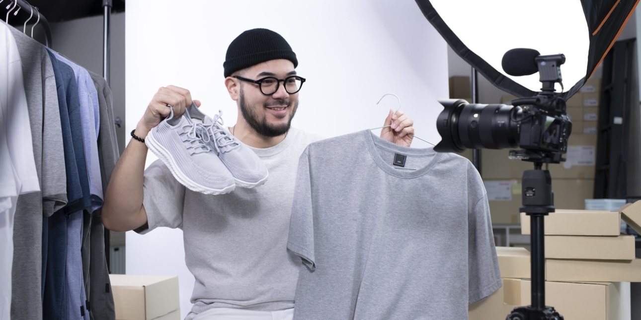 A male fashion influencer holds a pair of grey trainers and grey t-shirt while sat looking towards a camera. Around him are a circular studio light, a paper screen, and a selection of t-shirts hanging up on a rail