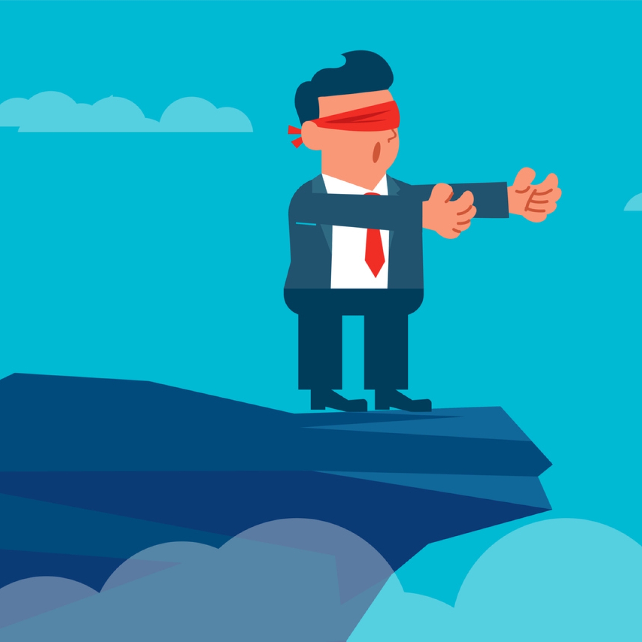 Illustration of a blindfolded businessman in a suit walking towards a cliff edge