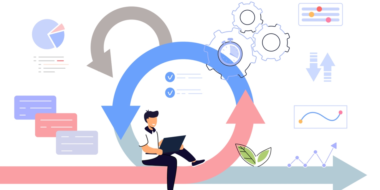 Illustration an agile working concept. A person is sat within a circle formed of two arrows in an anti-clockwise position. There is a third arrow leading out of the circle and another arrow behind. Other elements on the screen are pie charts, text bo