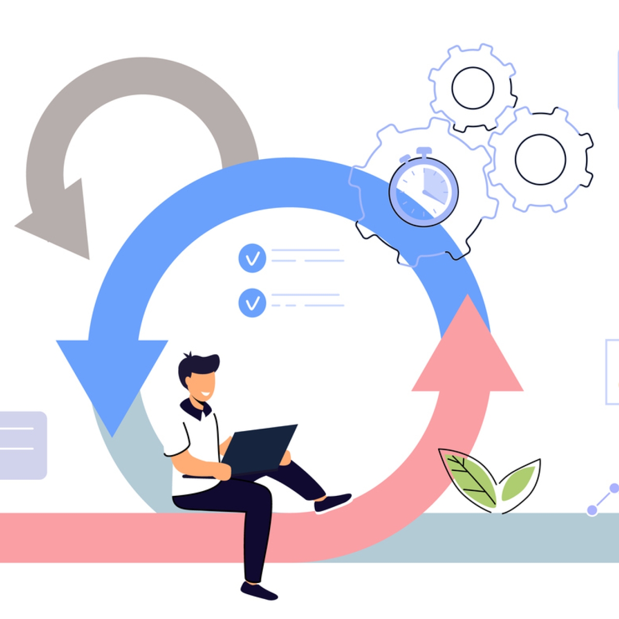 Illustration an agile working concept. A person is sat within a circle formed of two arrows in an anti-clockwise position. There is a third arrow leading out of the circle and another arrow behind. Other elements on the screen are pie charts, text bo