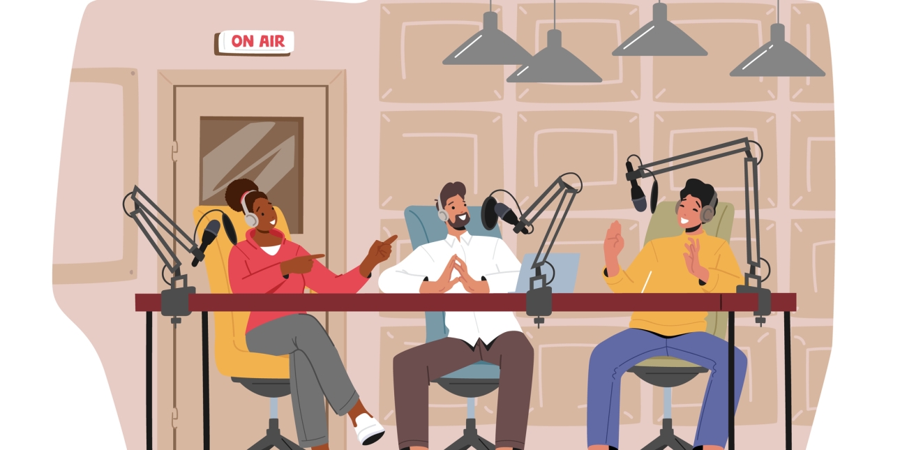 Illustration of three people wearing headphones sat a desk recording a podcast. There are microphones, lights and an on air sign.