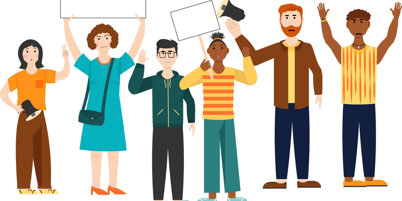 Illustration of six people, some holding placards and loud speakers
