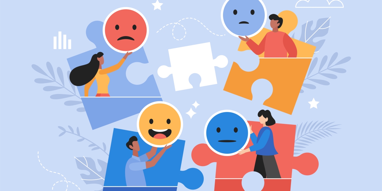 Illustration of four people floating inside shapes from a jigsaw-puzzle. Each person is holding an emoji face resenting levels of satisfaction: smiling, neutral, unhappy, angry.