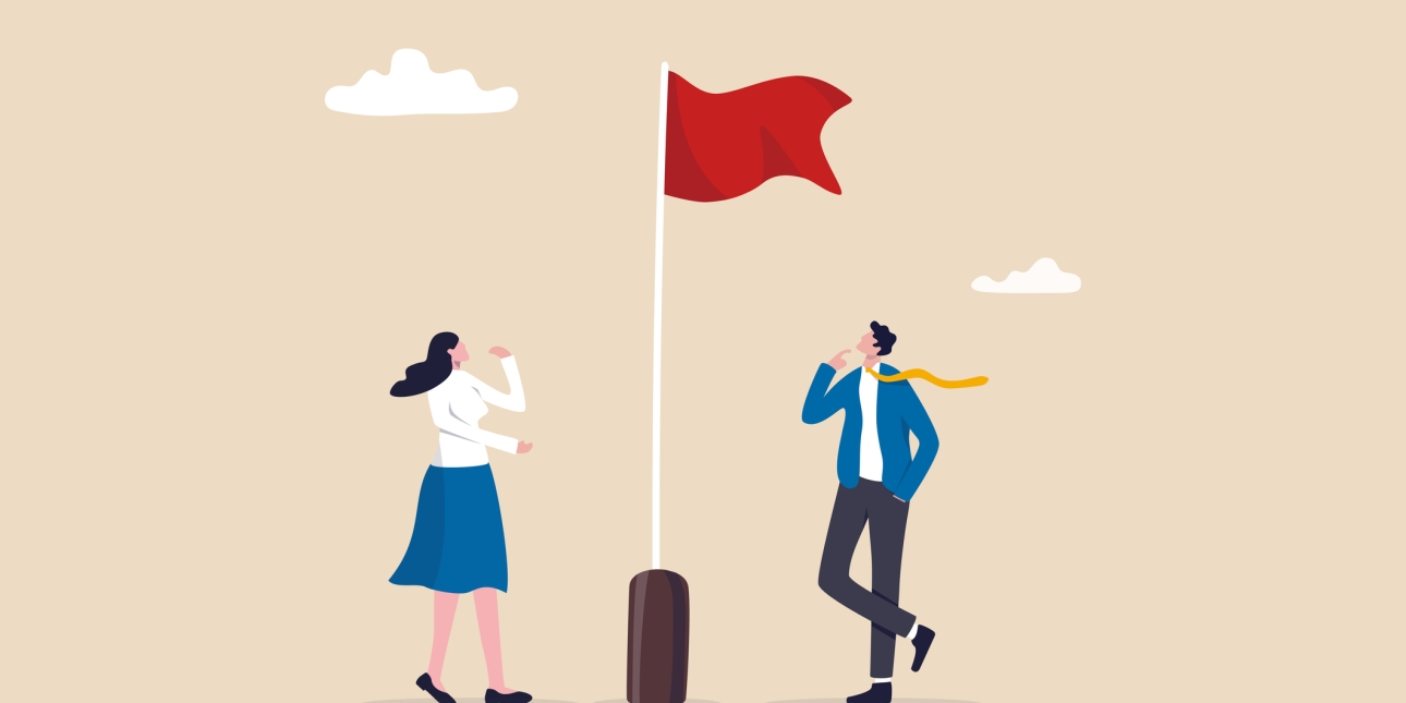 Illustration of a man and a woman in business dress looking up at a red flag on a flagpole