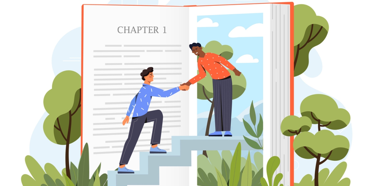 Illustration of a man greeting another man in the doorway at the top of steps. The door is represented by an open book. There are trees in the background.