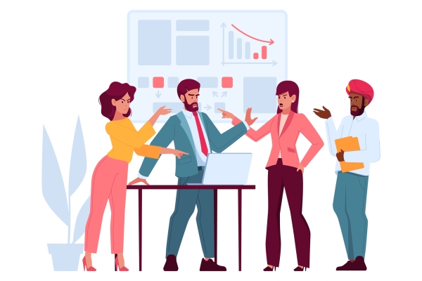 Illustration of four angry business leaders who are stood arguing over a desk.