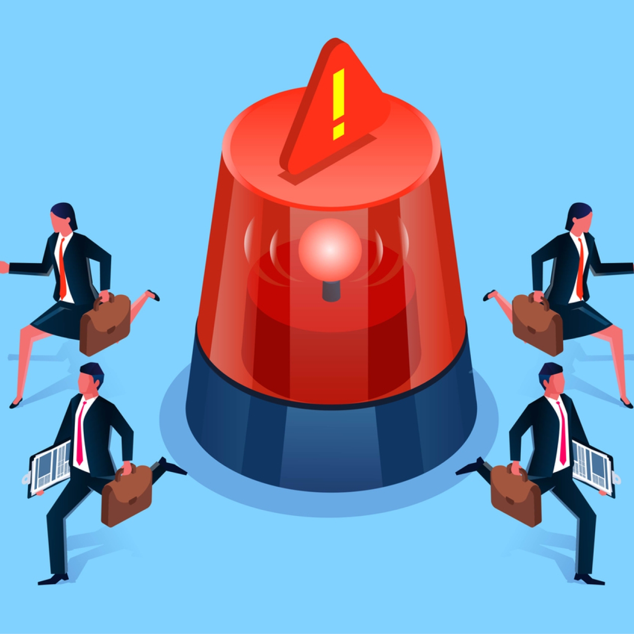Illustration of four business people running away from a life size red emergency light