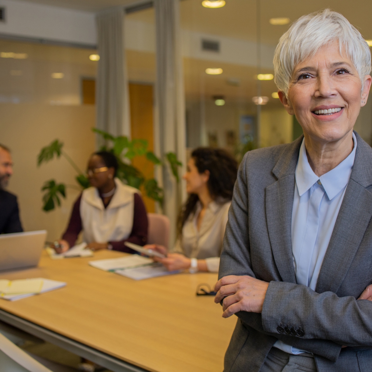 A white middle aged woman with grey hair, wearing a grey suit, stands with her arms cross in a boardroom. A white man, black woman and white woman are sat in the background.