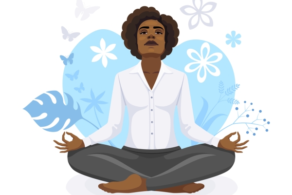 Illustration of a Black woman in a white shirt and grey leggings sat in the lotus position while looking up. Some of the background is blue with leaves, flowers and butterflies.