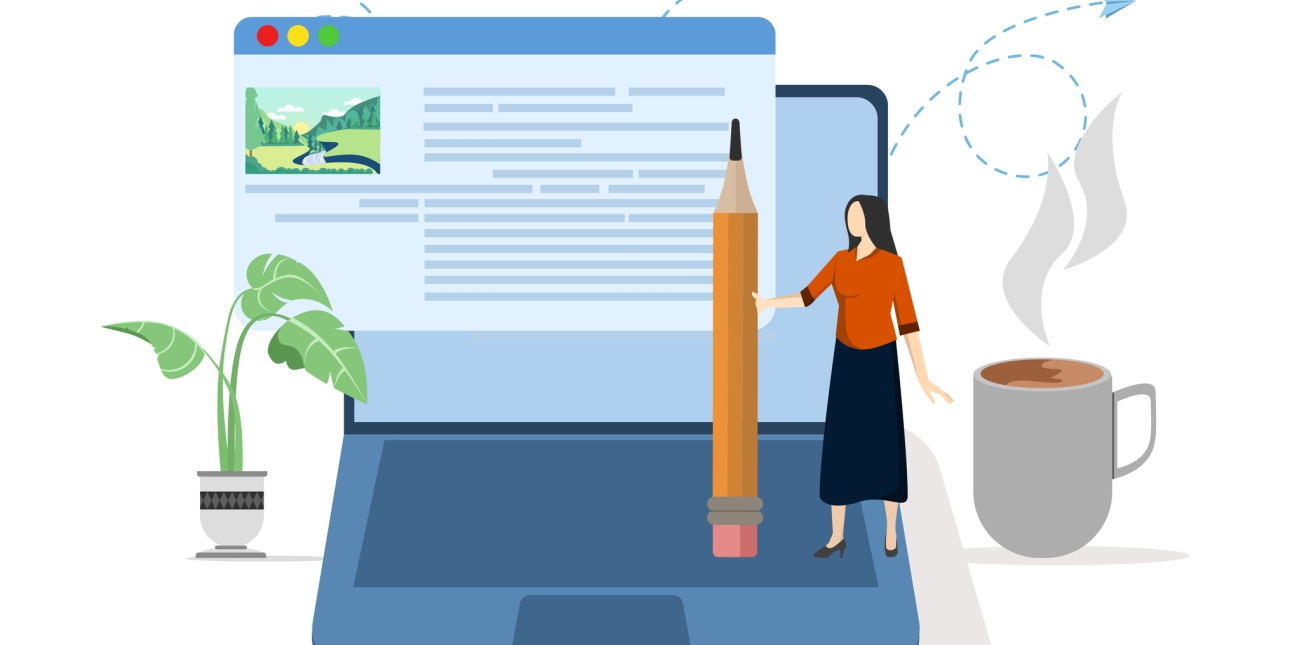 Illustration of a woman stood on a giant laptop, holding a human-sized pencil. Around her are a plant and a coffee mug. The laptop screen shows a small picture and lines to represent text