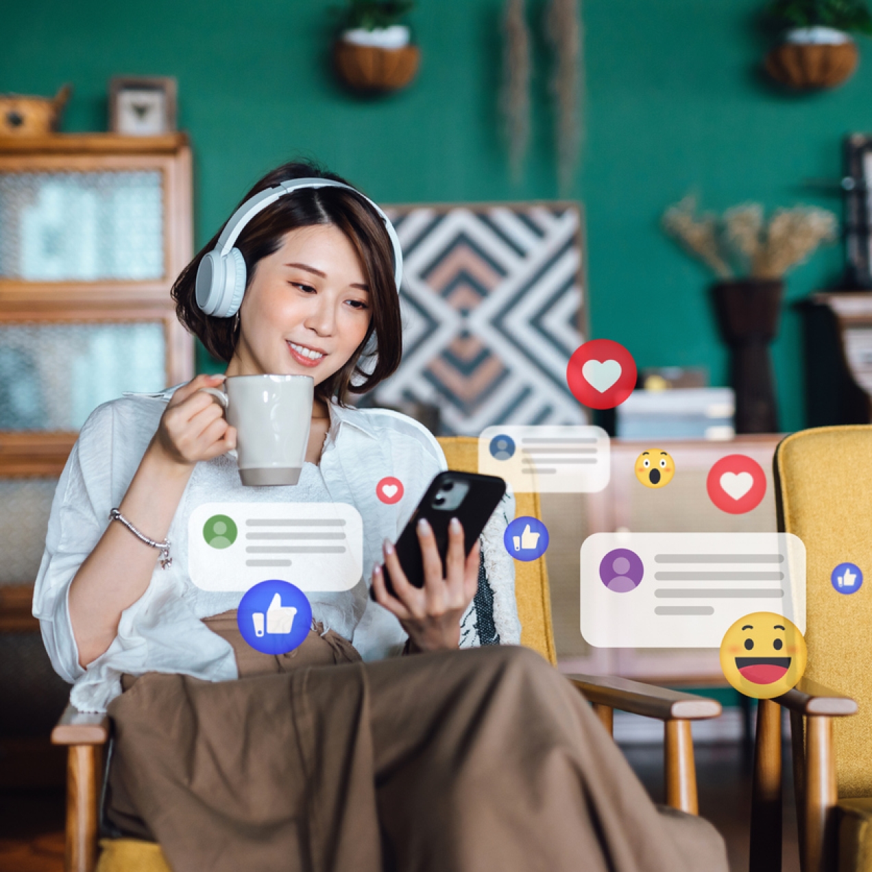 A young Asian woman is sat in a living room chair wearing headphones, with her phone in one hand and a cup in the other. Overlaid on the photo are digital illustrations of messages, emojis, hearts and thumbs up icons