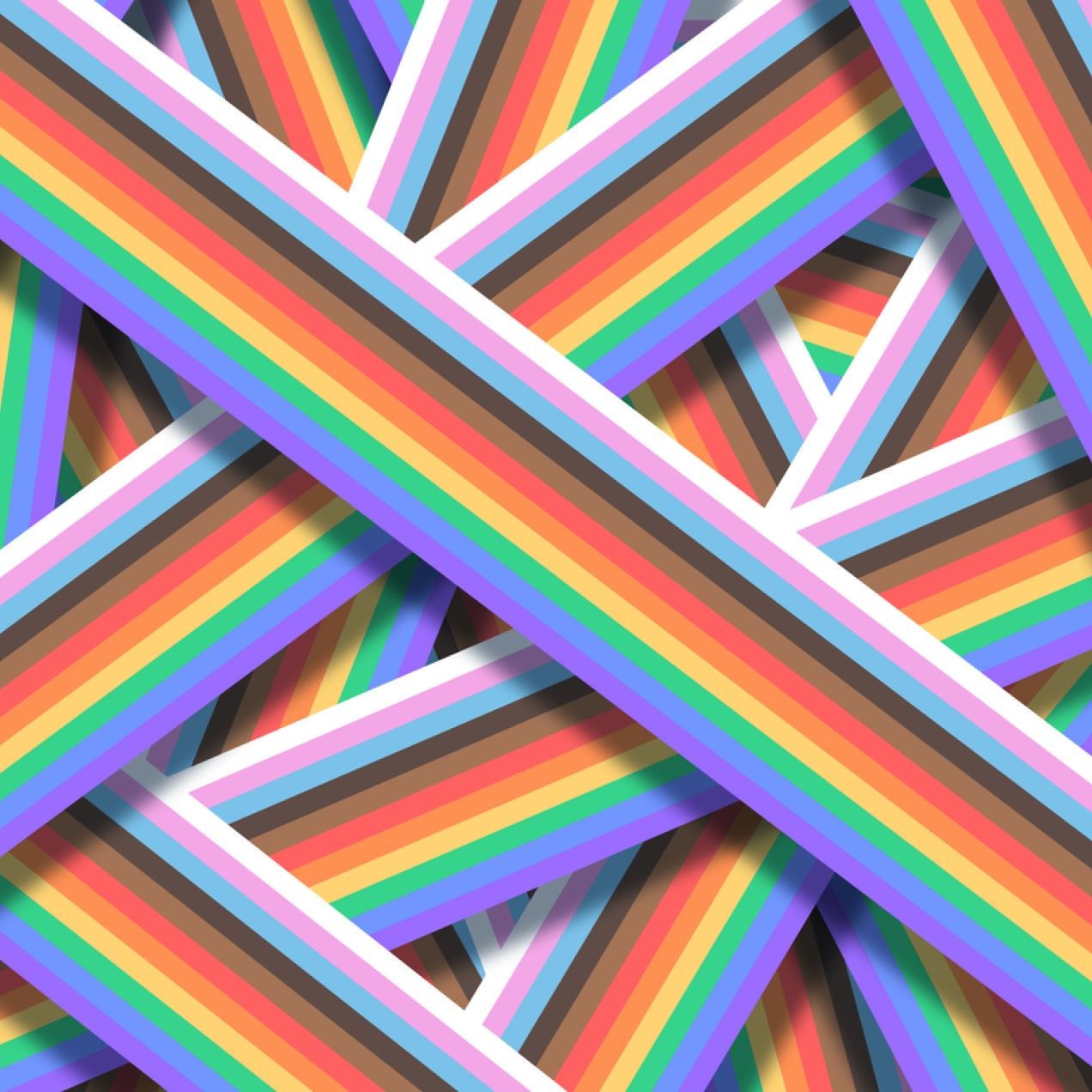 An assortment of overlapping stripes formed of the LGBT+ pride flag colours of white, pink, light blue, black, brown, red, orange, yellow, green, blue and violet