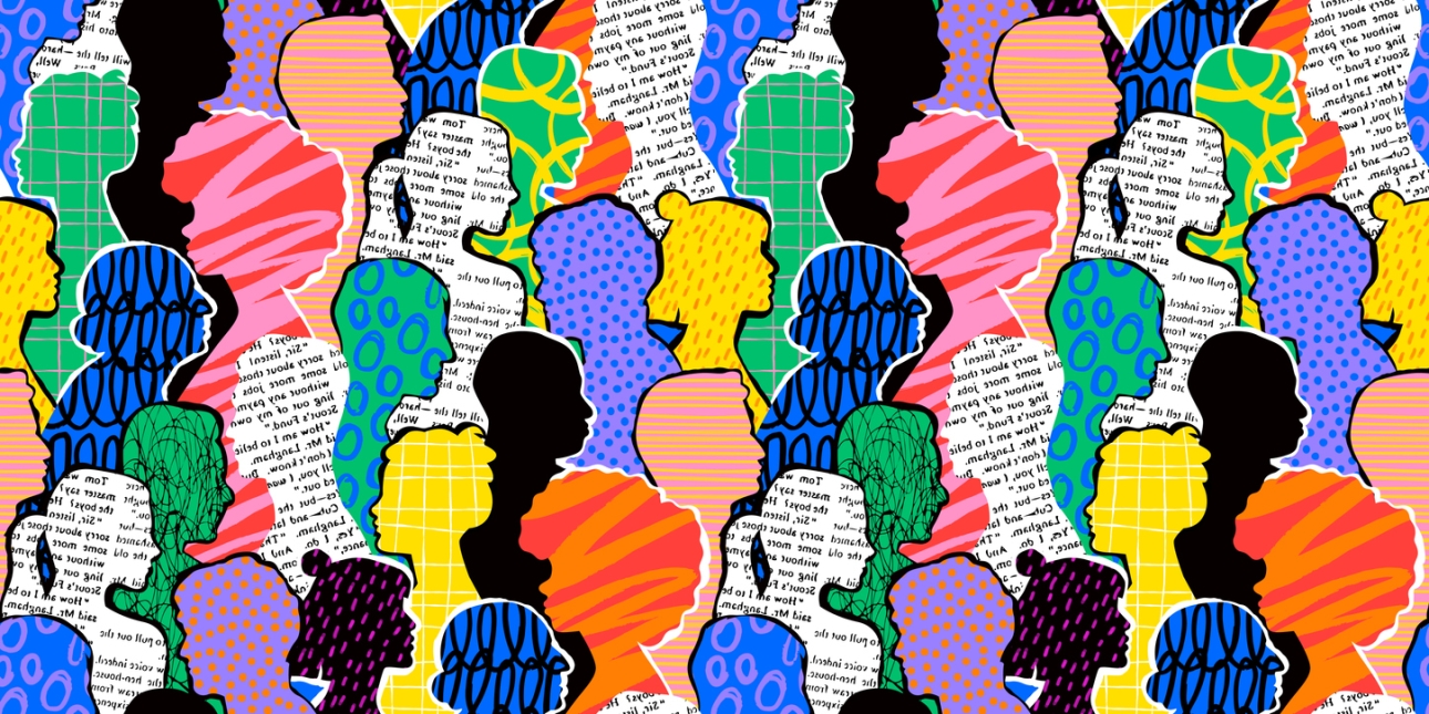 A collage composed of line drawings of the side profiles of different people's heads. Each is filled with multiple colours, random text, patterns or dots