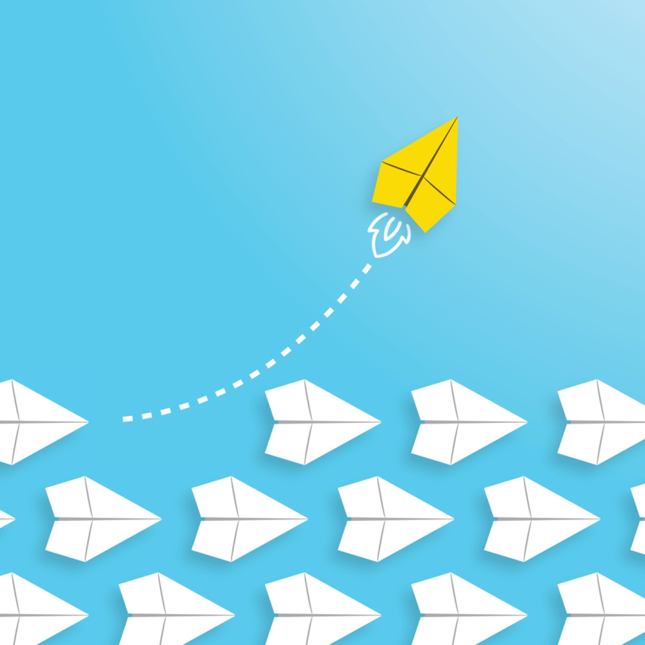 Illustration of more than a dozen white paper aeroplanes in three rows pointing to the lower right of the screen. Lifting off from the top row and heading towards the right and corner is a yellow rocket with smoke from its exhaust.