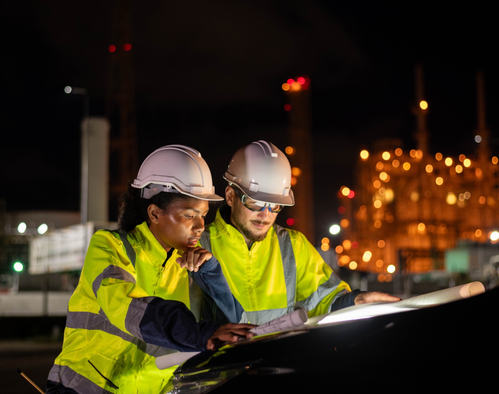 A Black woman and white man, both wearing hi-vis yellow clothing and white hard hat, look at drawings unrolled across a car bonnet. It is night and a building, under construction, is illuminated in the background