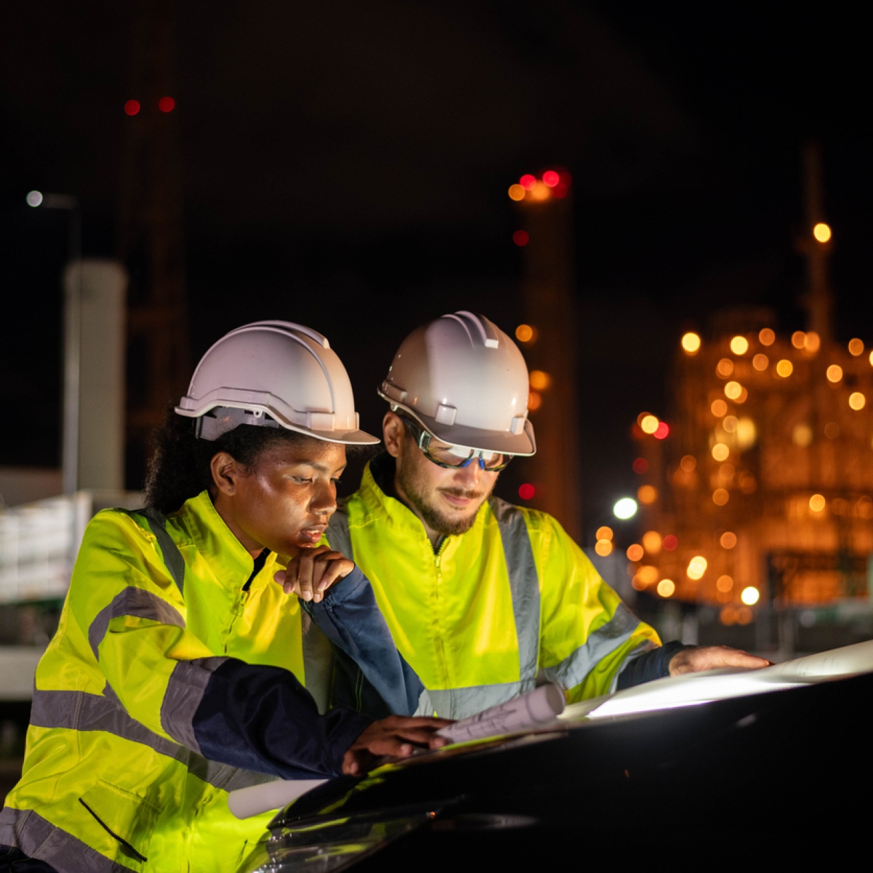 A Black woman and white man, both wearing hi-vis yellow clothing and white hard hat, look at drawings unrolled across a car bonnet. It is night and a building, under construction, is illuminated in the background