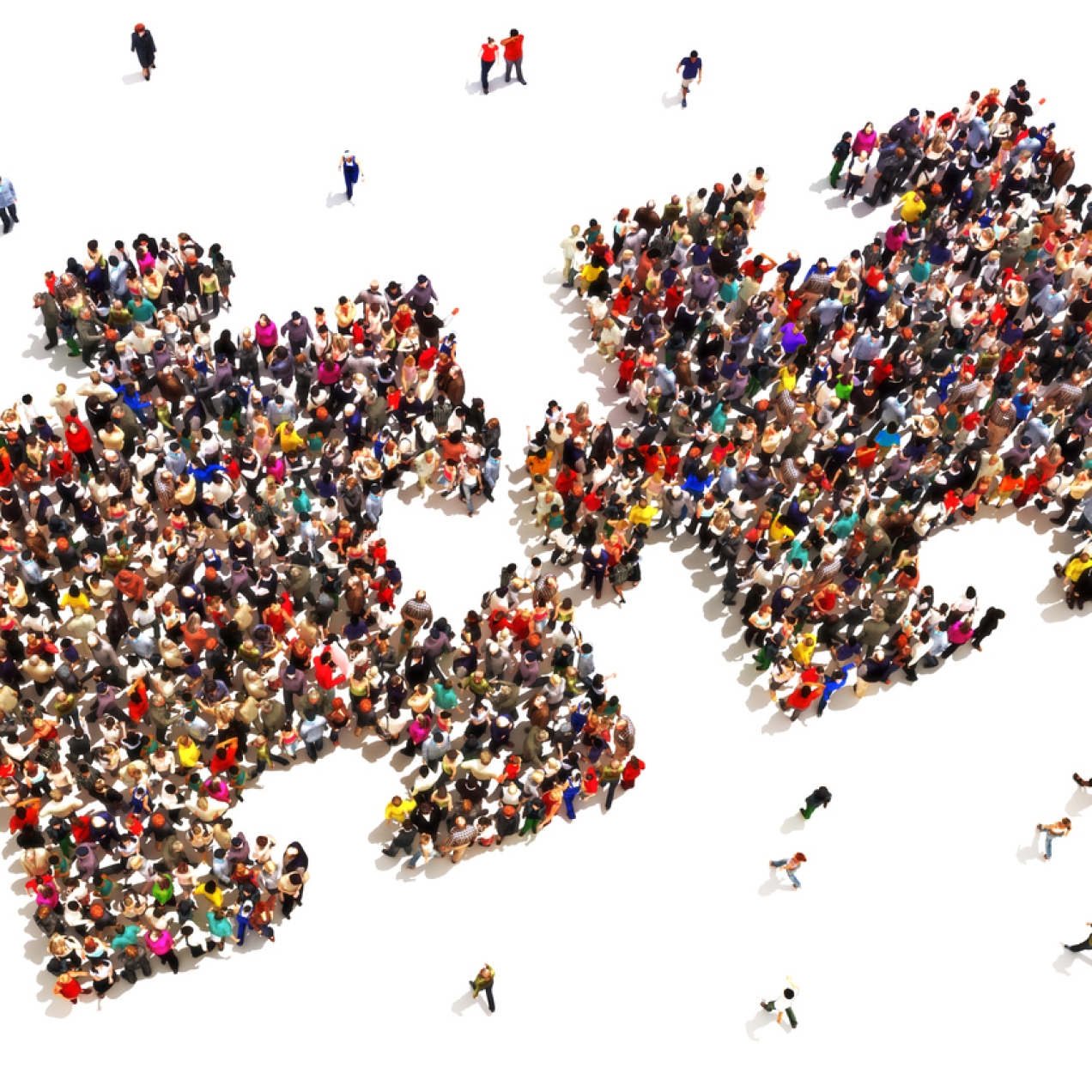 Illustration of two jigsaw piece shapes viewed from above. The shapes are formed by dozens of people with other people walking towards the pieces