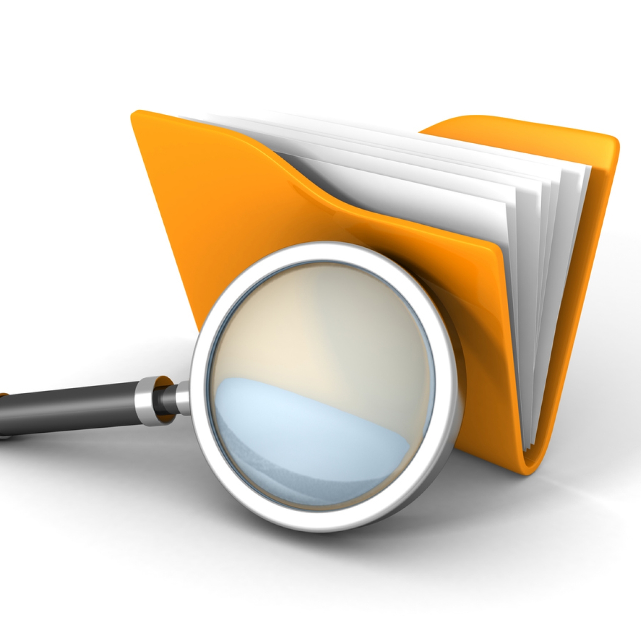 Computer generated image of a magnifying glass next to an orange folder of paperwork