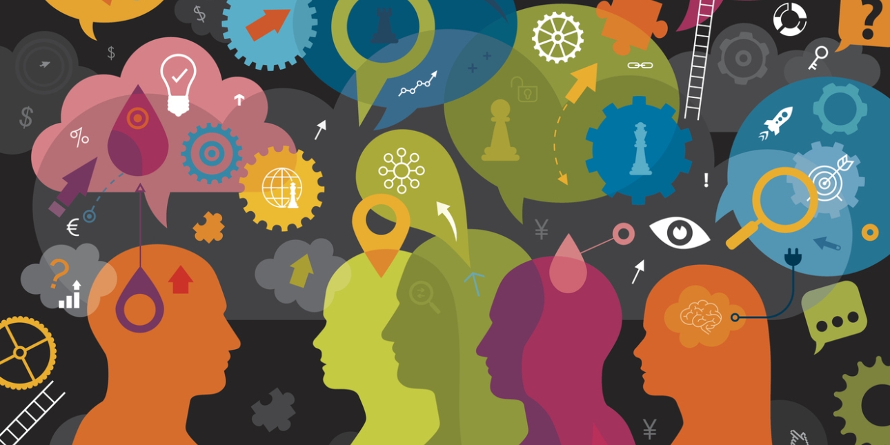 A multi-coloured collage featuring four cut out heads with various icons surrounding them including arrows, ladders, cogs, chess pieces, lightbulbs, speech bubbles and clouds