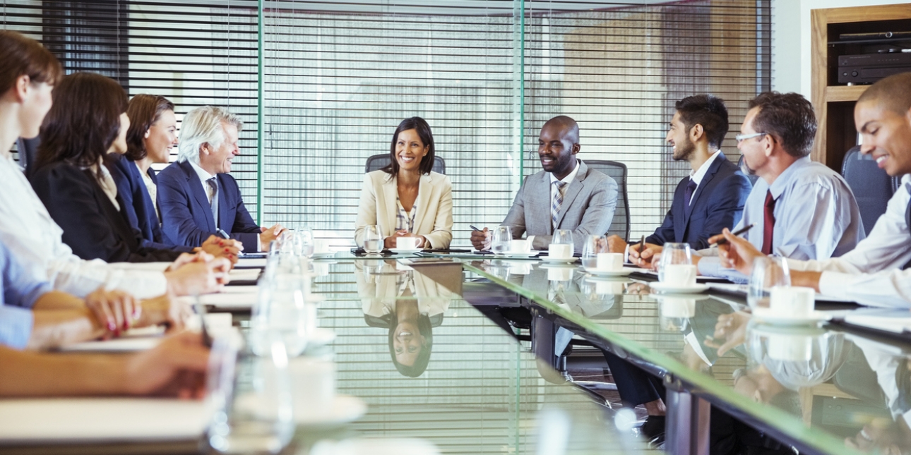 Eleven businesspeople sat around a board table.